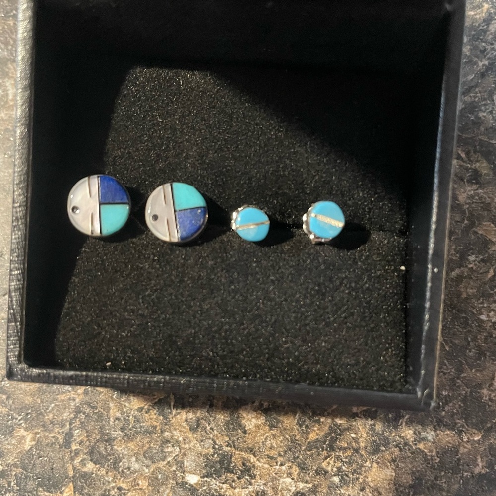 Native American Made Zuni Turquoise & Lapis Circular Stud Earrings Set